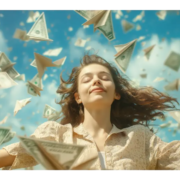 money-fantasy-scene Жена със затворени очи в медитация, символ на вътрешна сила и финансово изобилие